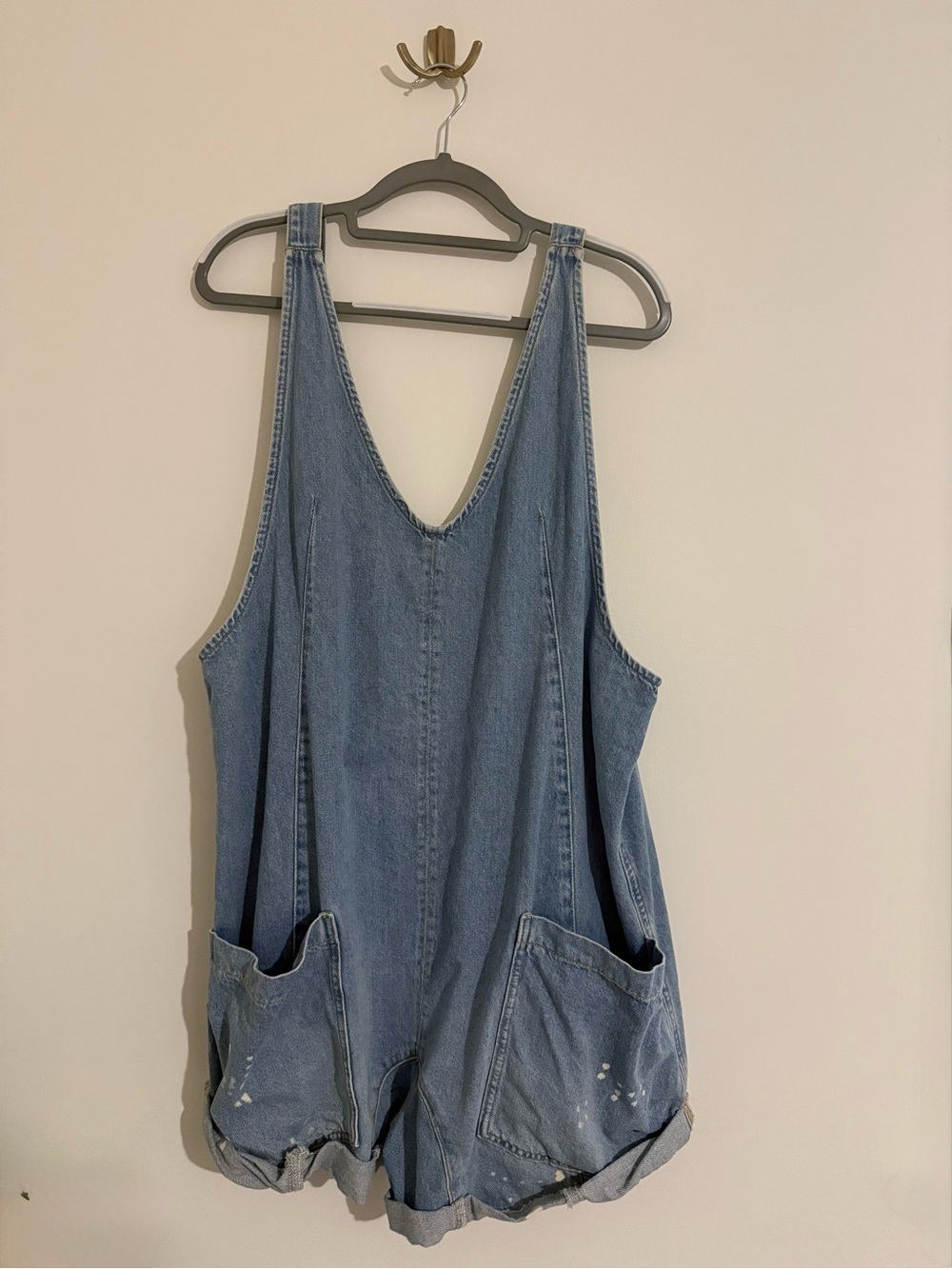 Denim Pocket High Roller Romper Overall - Light Bleach Distress